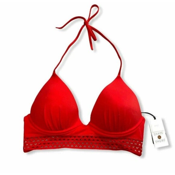 Women's Elastic Trim Triangle Bikini Top Shade & Shore Red size 38D Halter New - Picture 2 of 13